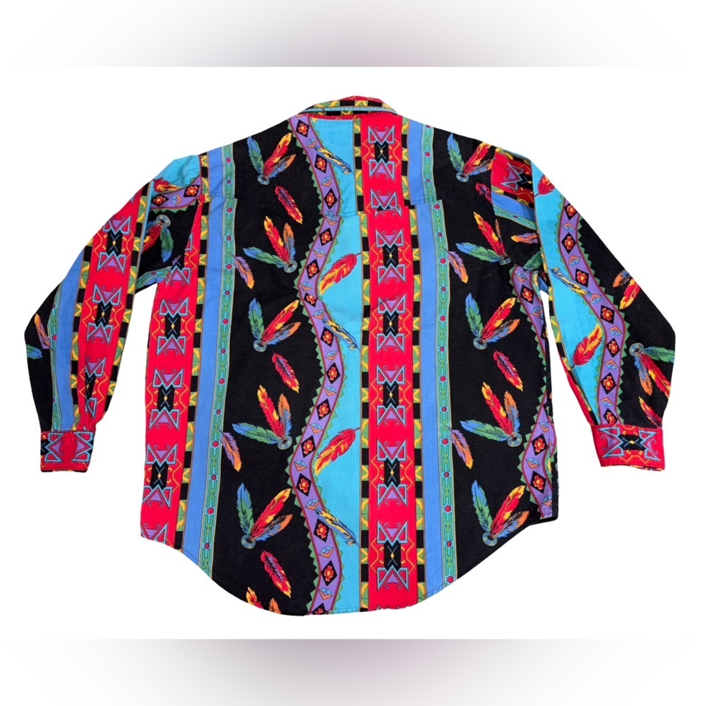 Vintage 80s/90s Wrangler Western Button-Up Shirt XL Bold Aztec Feather Print - Picture 2 of 8